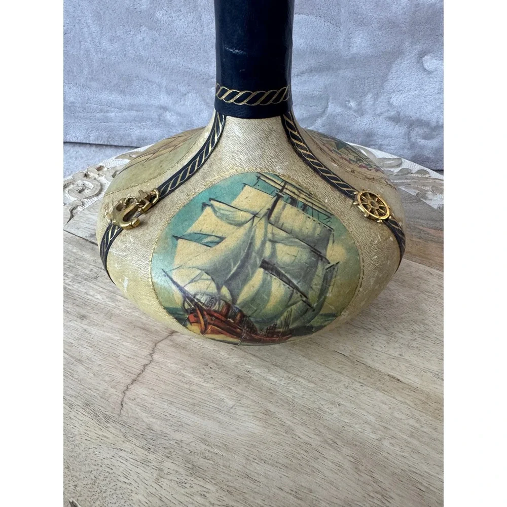 Vintage Italian Leather Wrapped Nautical Decanter Ship CompassWooden Stopper 11